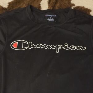 Champion Black Crewneck with White-Outlined Script Logo and Red Accent